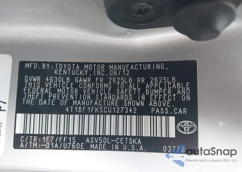 2012 Toyota Camry Se from USA, damaged, VIN 4T1BF1FK5CU127342